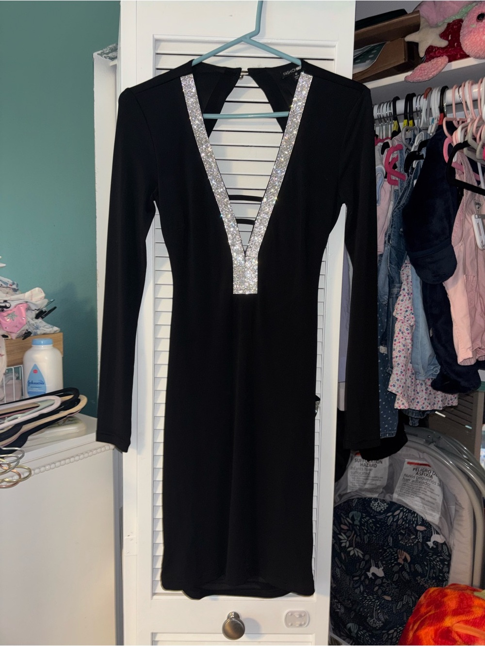 Fashion Nova Black Long Sleeve Dress with Silver Sequin Plunge